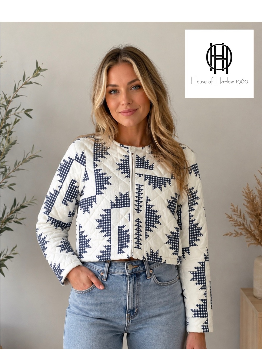 House of Harlow 1960 Navy & White Quilted Linen Blend Crop Jacket